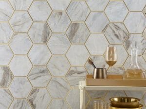 Calacatta gold with brass insert hexagon mosaic Marble Counter Top